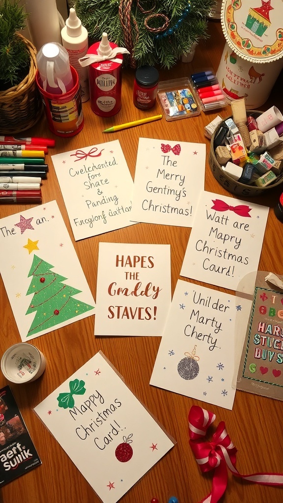 A collection of colorful handmade Christmas cards with decorations and messages on a craft table.